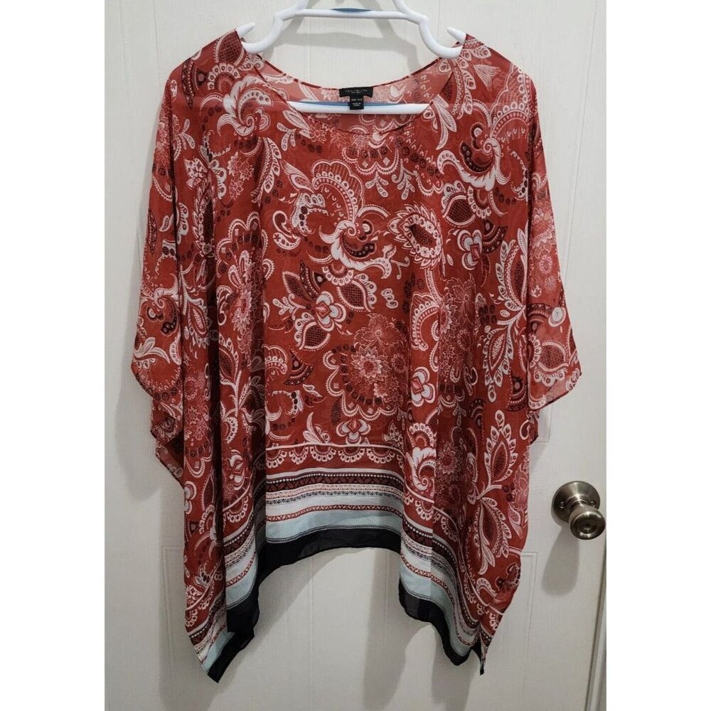Ann Taylor Women's Sheer Poncho Blouse Coverup Red Paisley Floral One Size